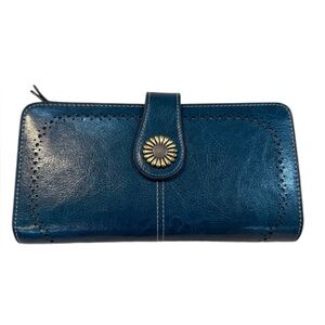 Sendefn Teal Blue Leather Zip-Around Wallet w/ Floral Snap Closure